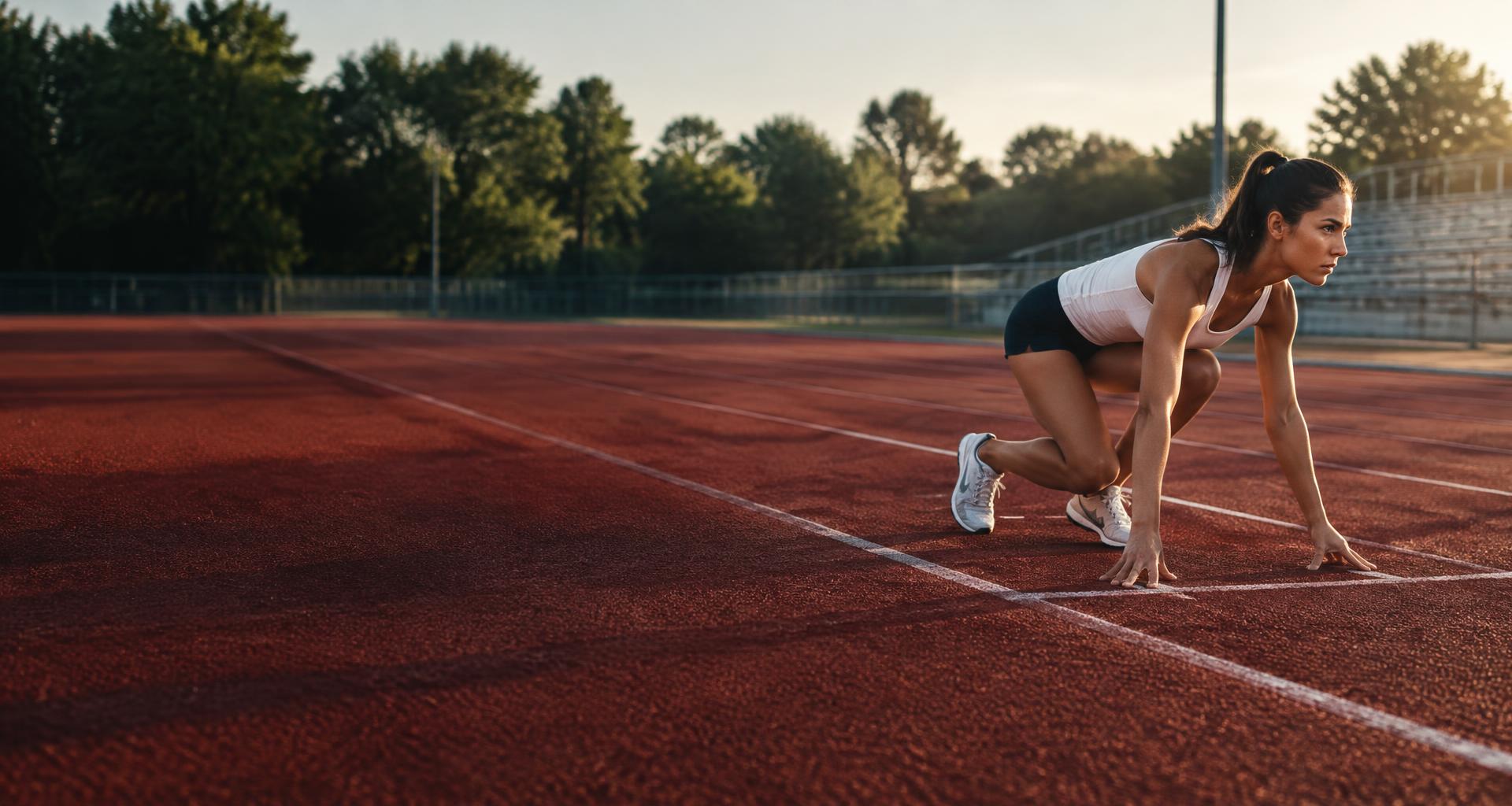 Sportivă la start pe pista de atletism